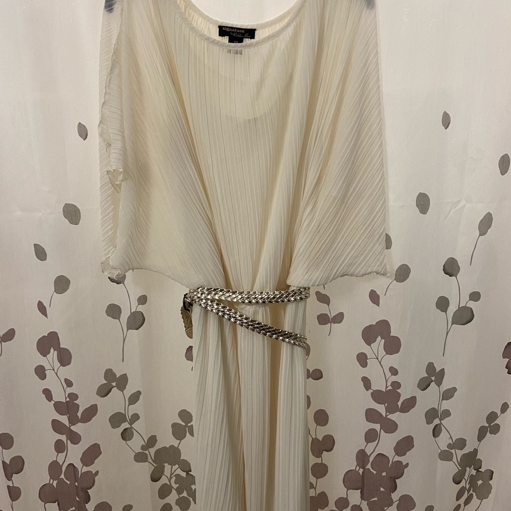 Robbie Bee Cream Asymmetrical Dress with Silver Belt